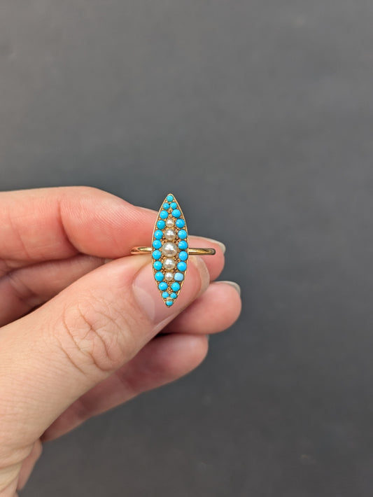 14k Navette Turquoise and Pearl Ring