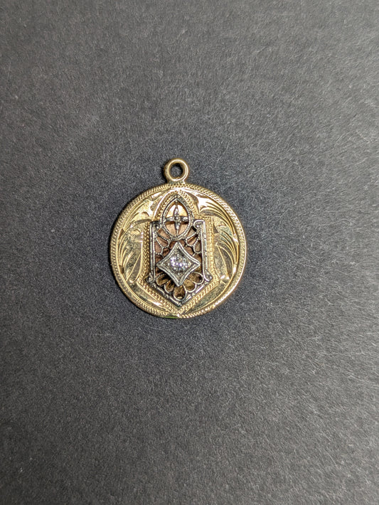 14kt Engraved Disk Charm with added Stick Pin Filigree and Diamond
