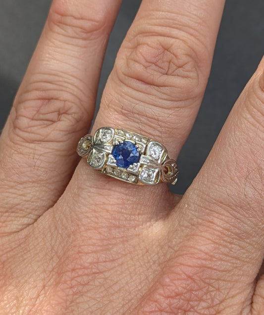 Platinum, 18k, Diamond and Sapphire Ring with Bow Details