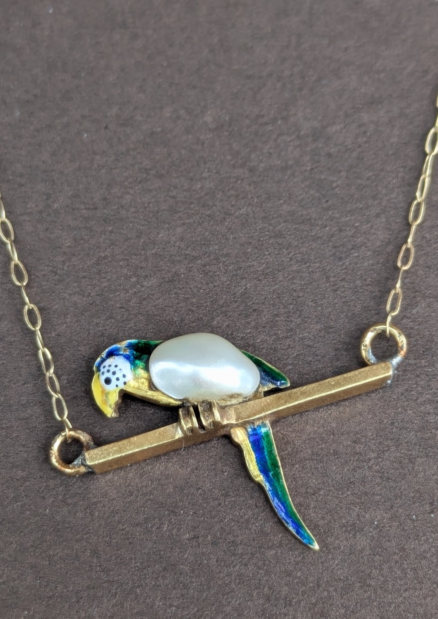 14kt Enamel & Pearl Parrot on Perch Necklace