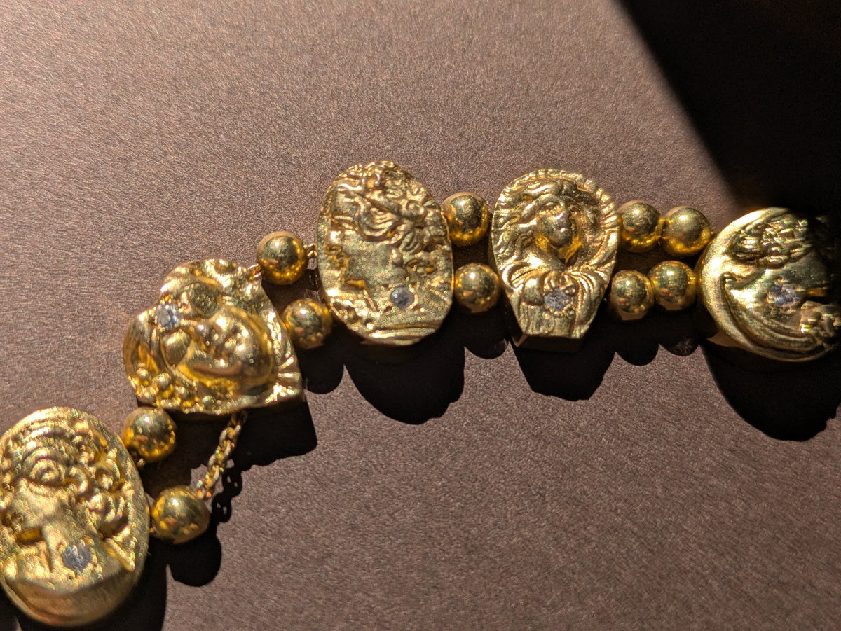 14K SLIDE BRACELET WITH DIAMOND ADORNED ART NOUVEAU WOMEN FACES