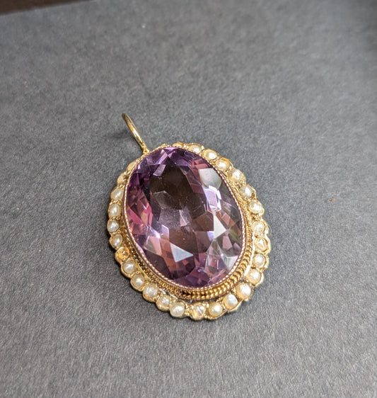 14kt Victorian Era (America) Amethyst with Milgrain and Seed Pearl Halo Pendant