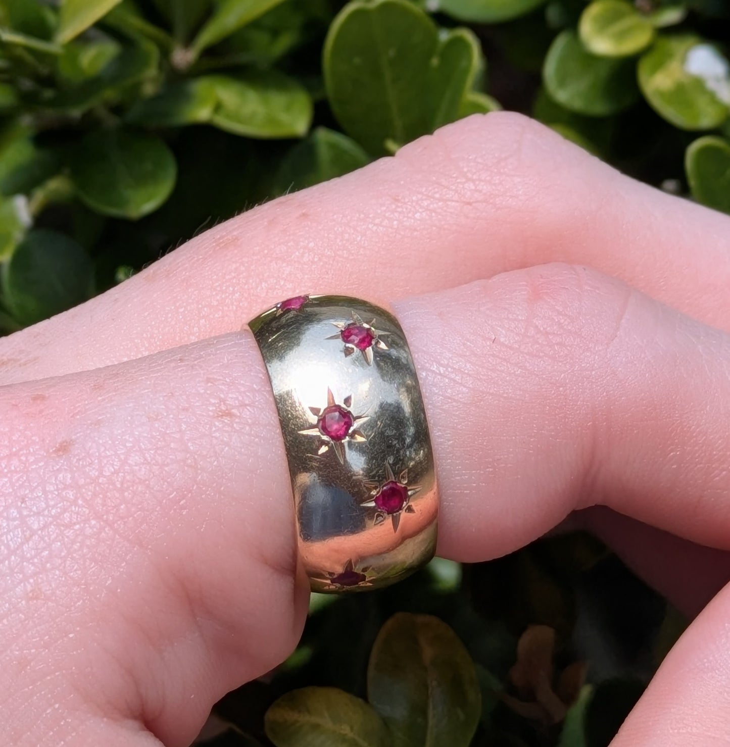 14k Wide Gold Band with Ruby Stars