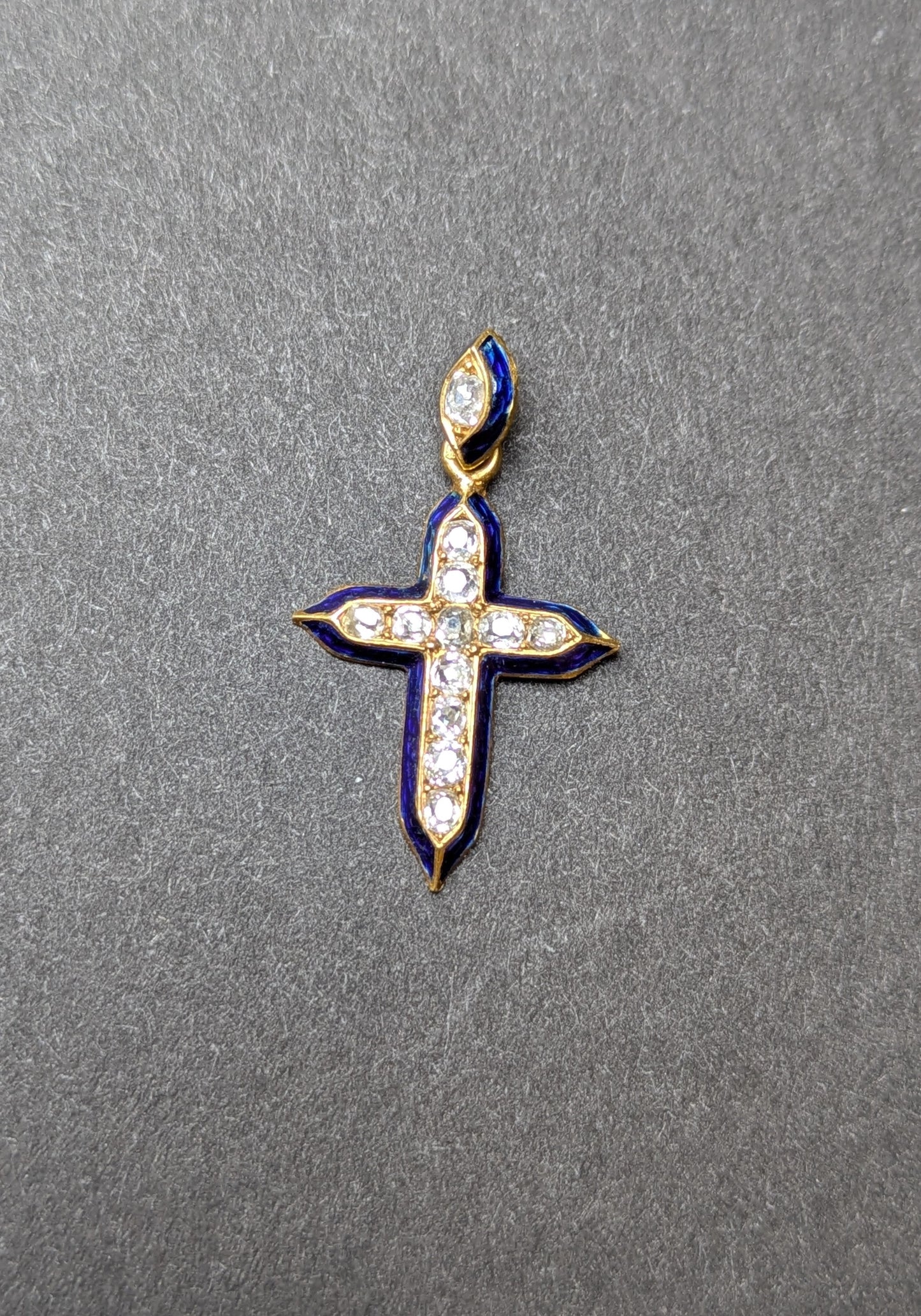 18k Early Victorian Engraved Blue Enamel and Diamond Cross Charm
