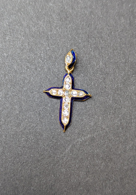 18k Early Victorian Engraved Blue Enamel and Diamond Cross Charm