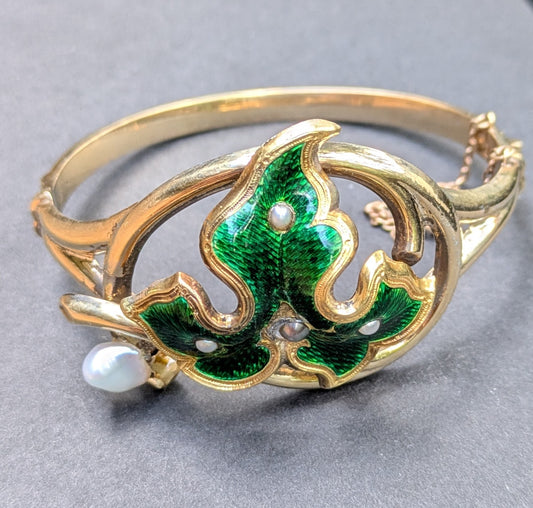 Early 1900's 14k Hinge Bangle Bracelet with Green Enamel and Seed Pearl