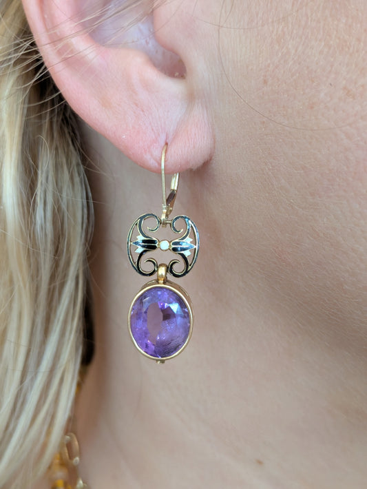14kt Egyptian Revival Amethyst and Enamel Earrings