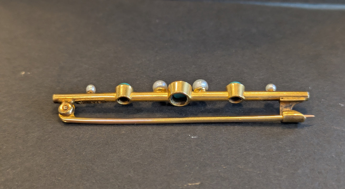 14kt Turquoise and Pearl Bar Pin