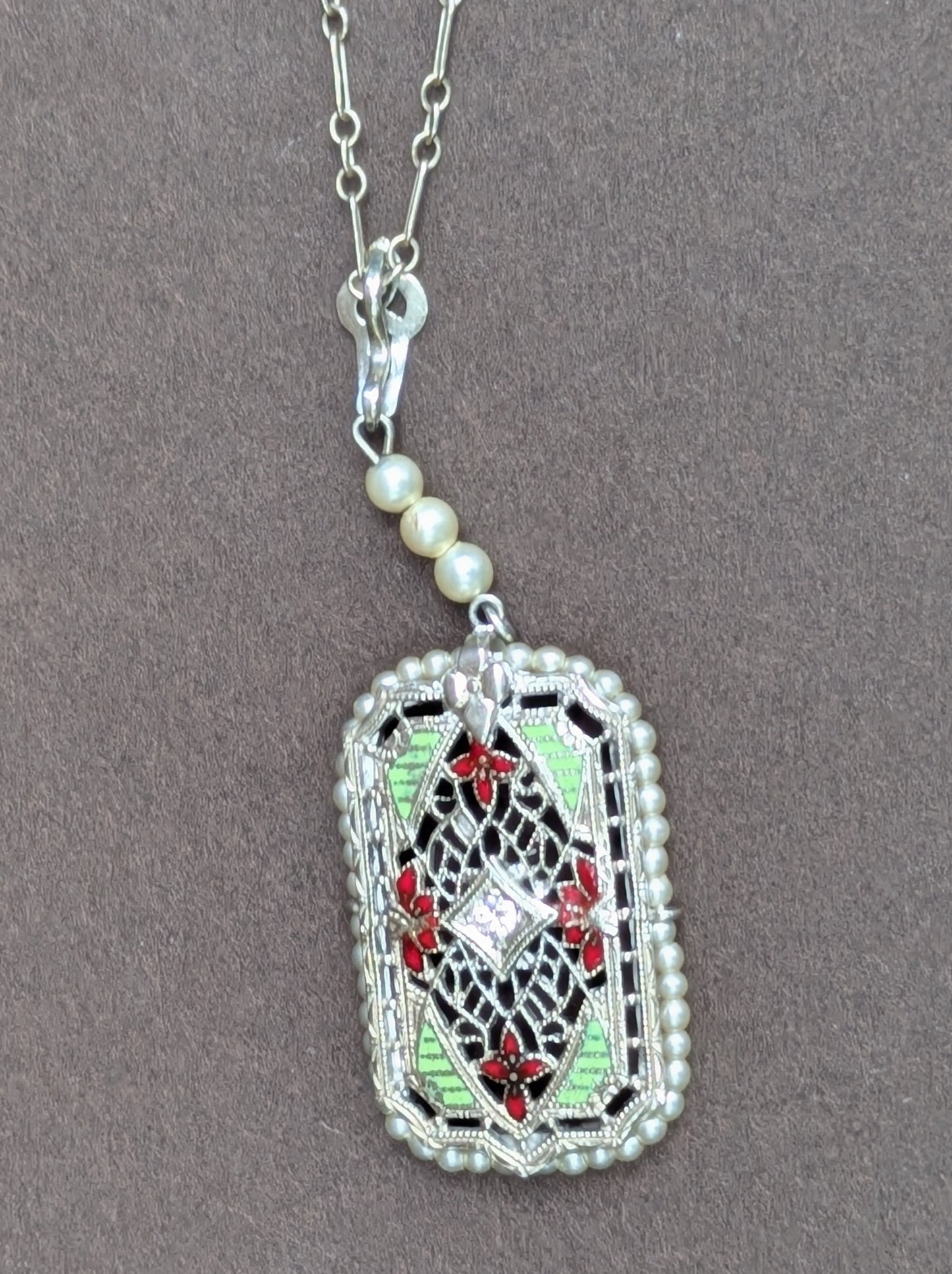 14k White Gold Filigree Necklace with Enamel, Pearl, and Diamond