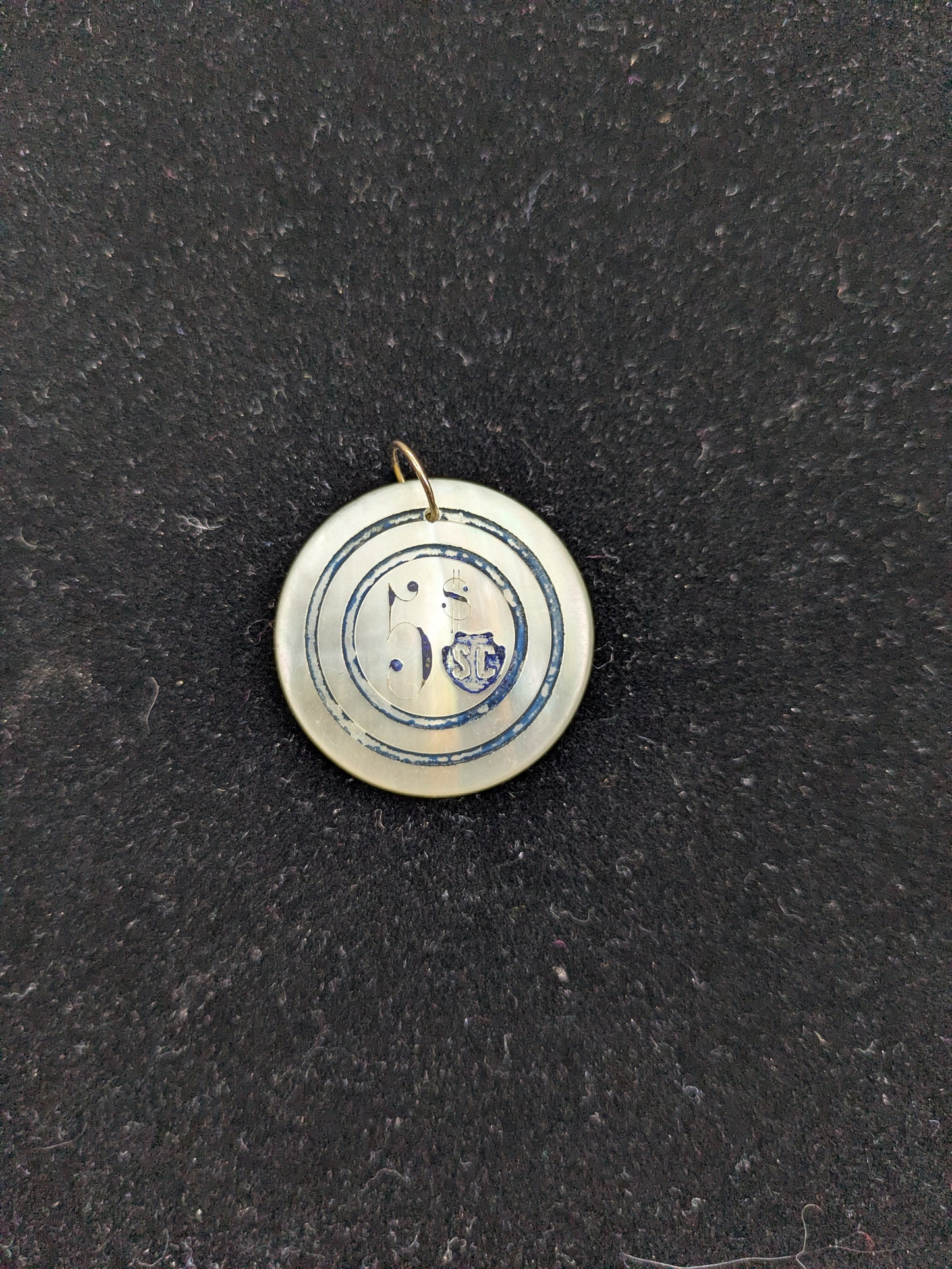 Round White Mother of Pearl Poker Chip with Navy Engraving "$5 SC"
