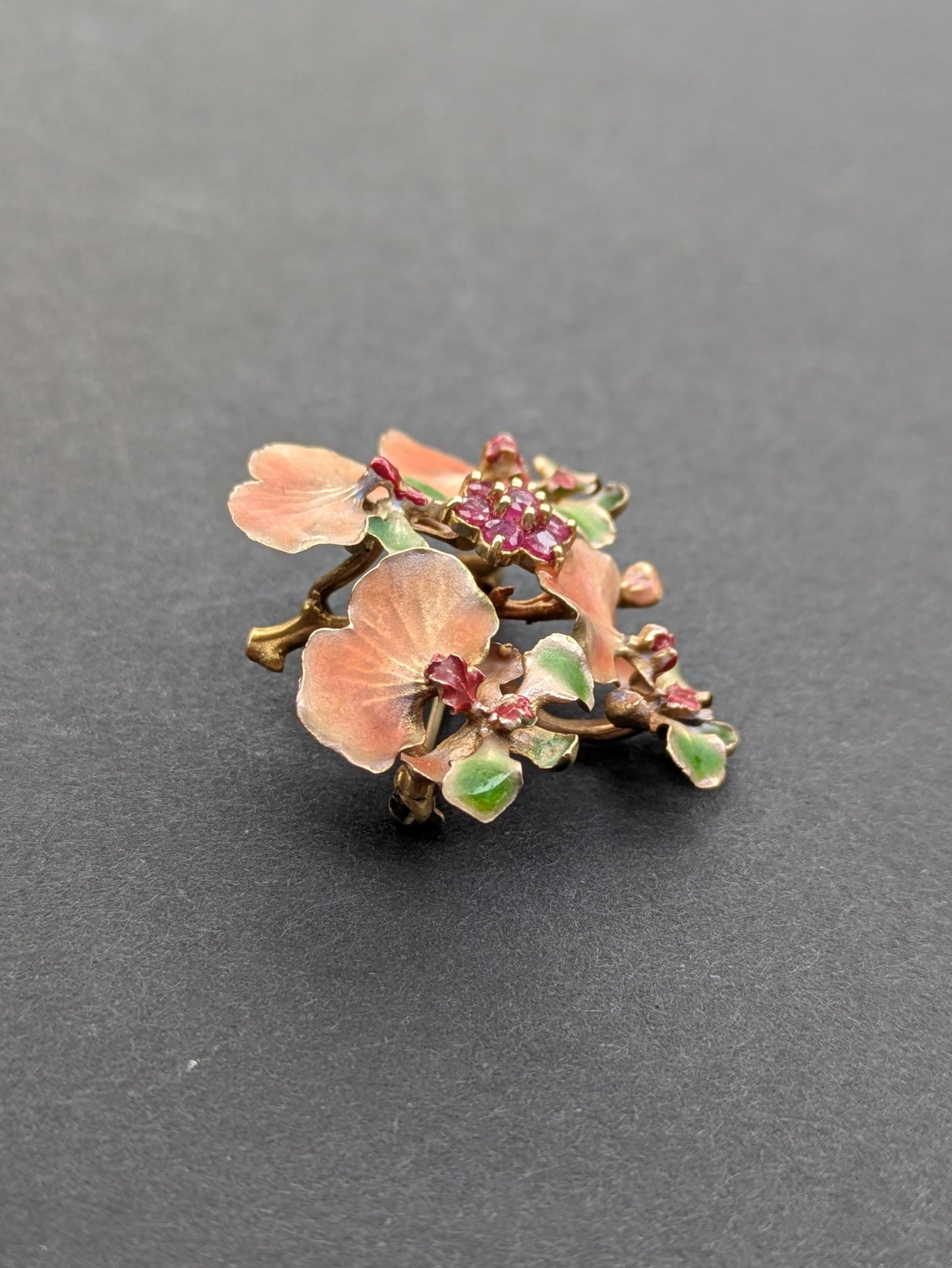 10k Enamel and Ruby Floral Brooch