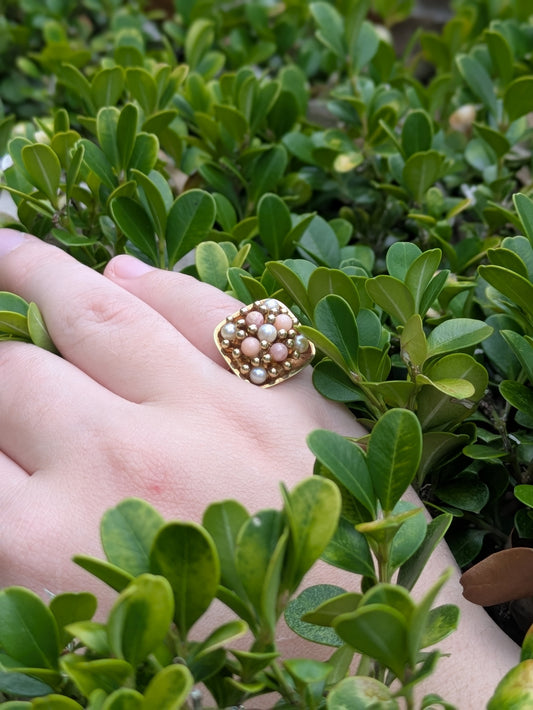 14kt Midcentury Coral And Pearl Ring