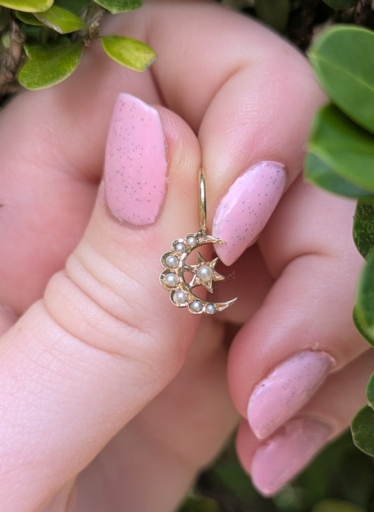 Seed Pearl Crescent Charm with Star 14kt Top 12kt Bottom