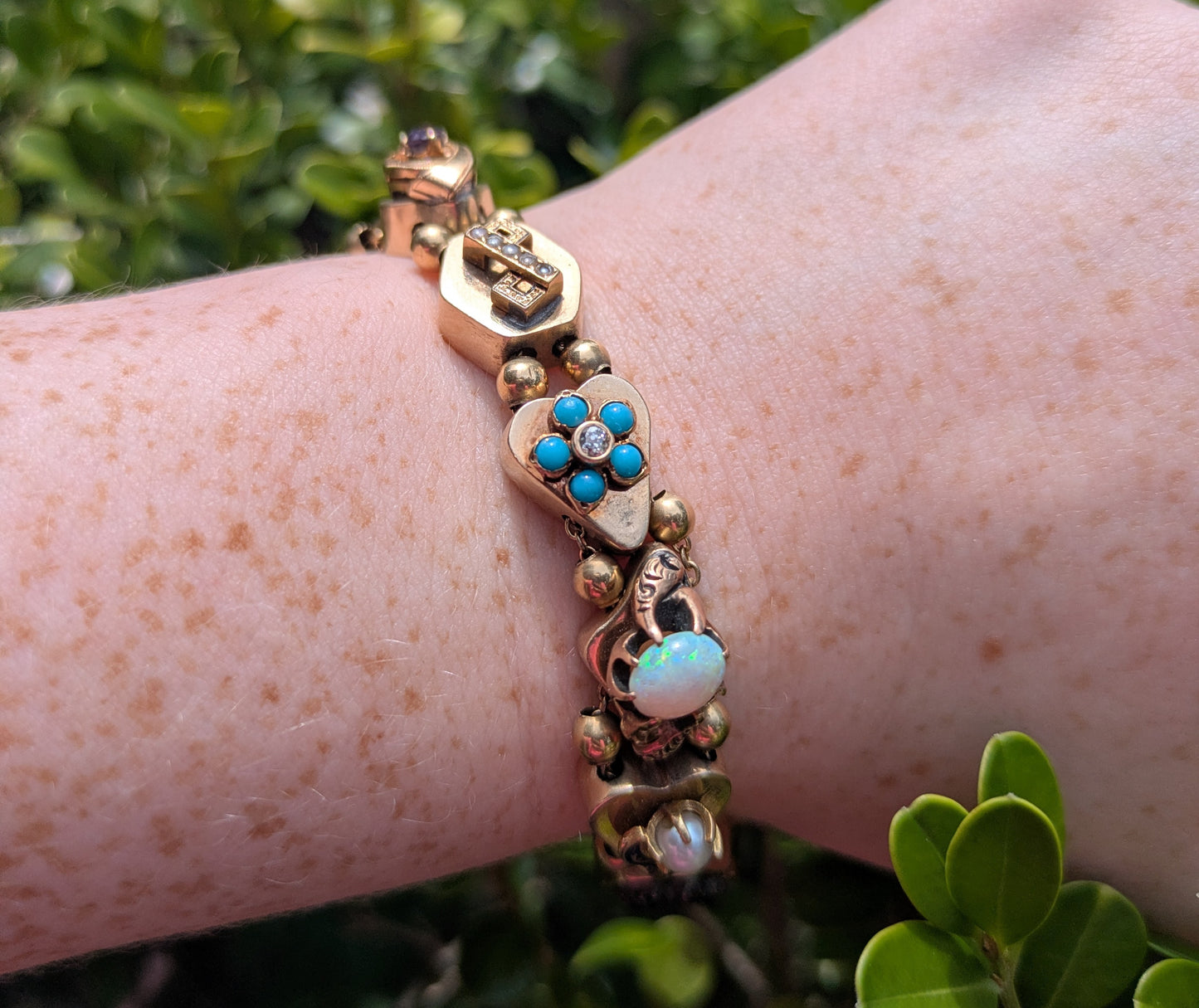 14kt Slide Bracelet Turquoise, Diamond (OEC), Pearl, Garnet, Opal, Amethyst, Enamel