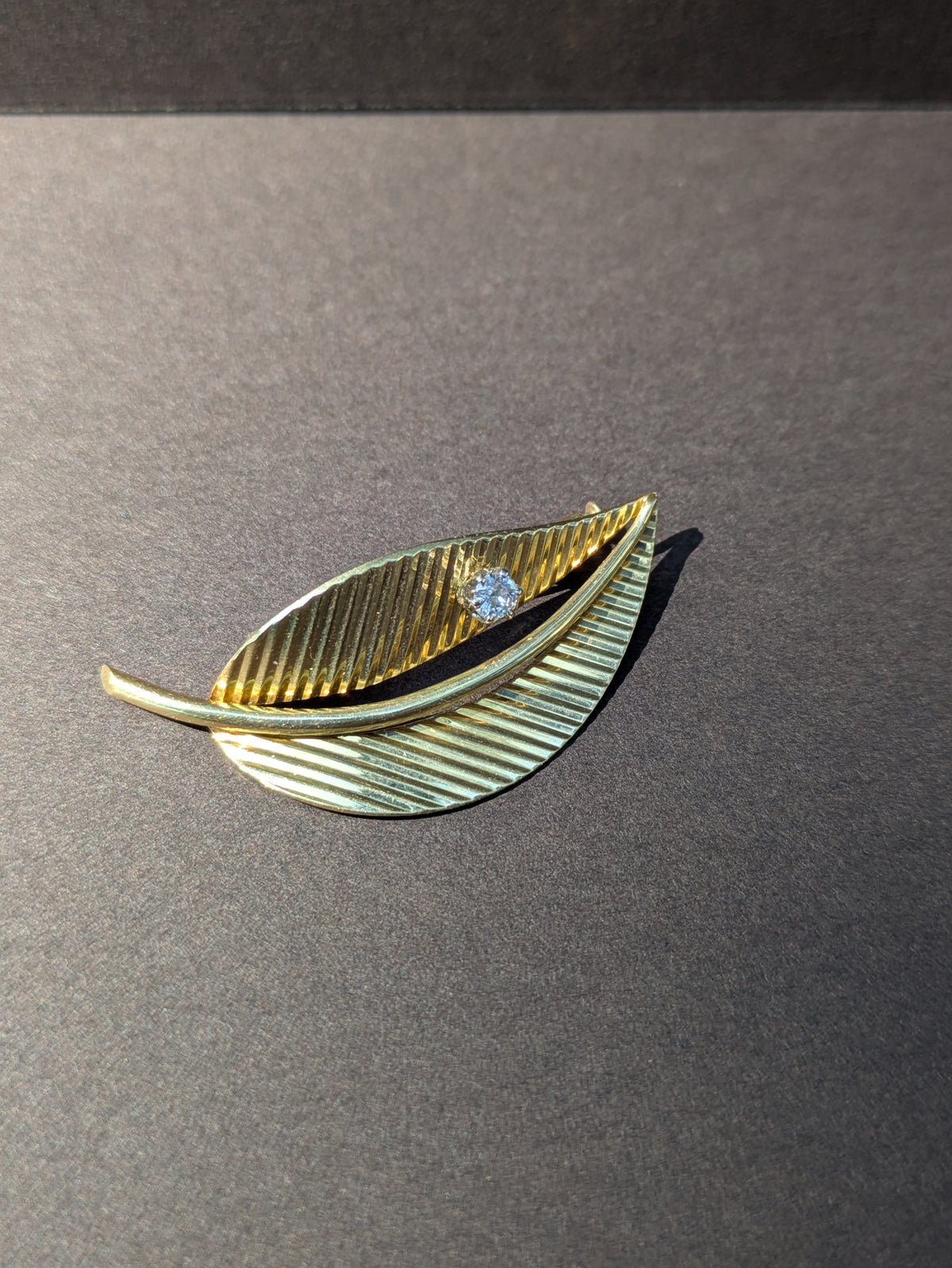 Mid Century Leaf Brooch with Diamond