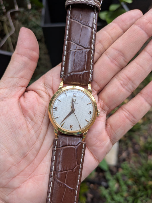 14kt Omega Watch, Automatic on Leather Strap