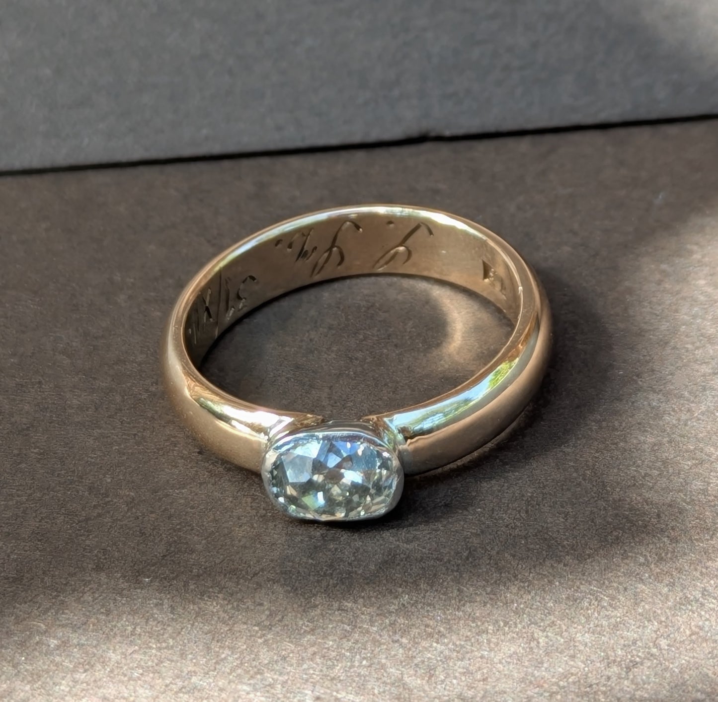 Mine Cut Cushion Diamond Approx 1.10 from Brooch; Original Bezel Set in Antique Gold Band