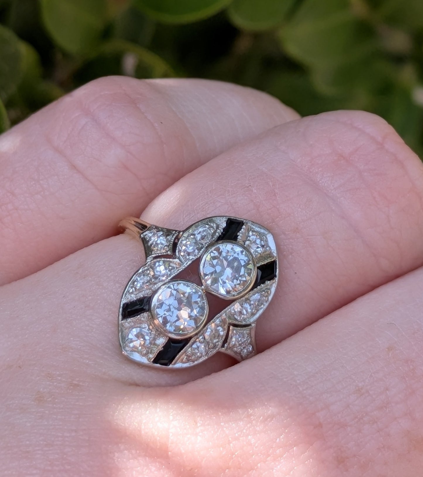 Art Deco French Cut Sapphire & OEC Diamond Ring