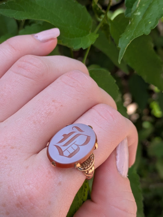 10kt Victorian Signet Ring with Carved Carnelian "B"
