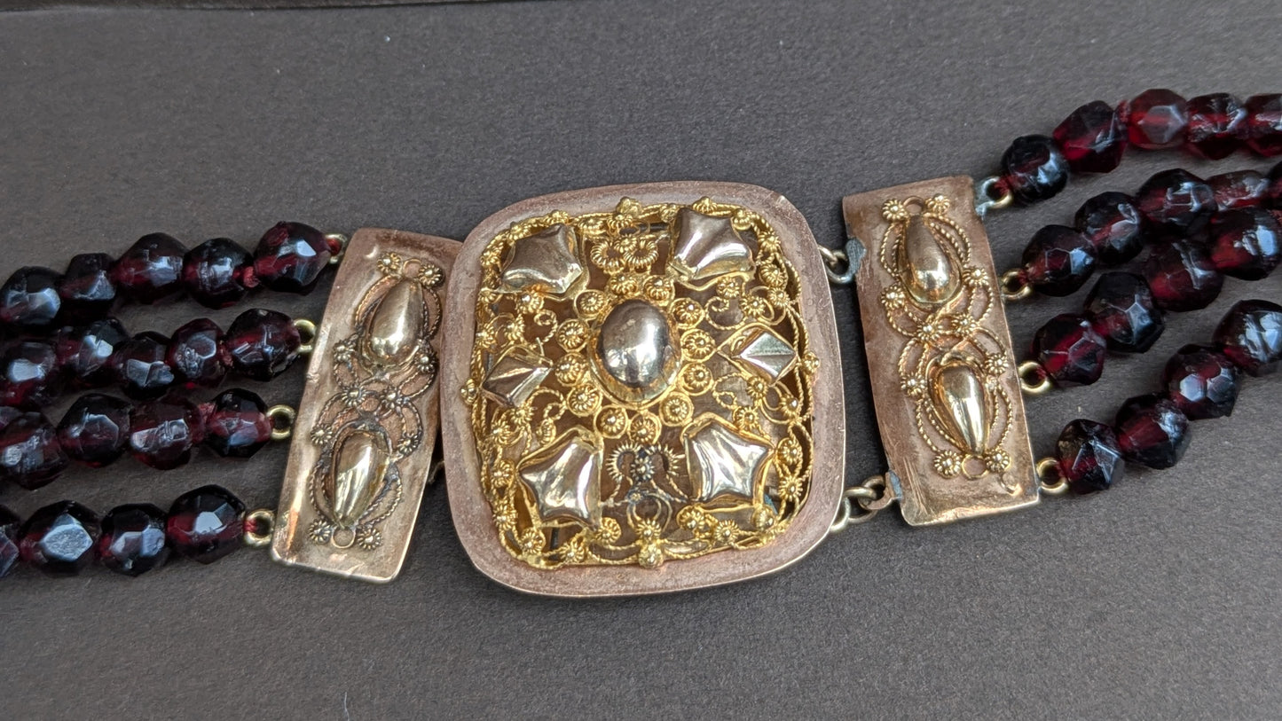 3 Strand Antique Garnet Dutch 14kt Lacework Clasp