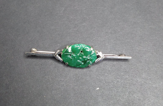 Art Deco White Gold Carved Green Jade Brooch