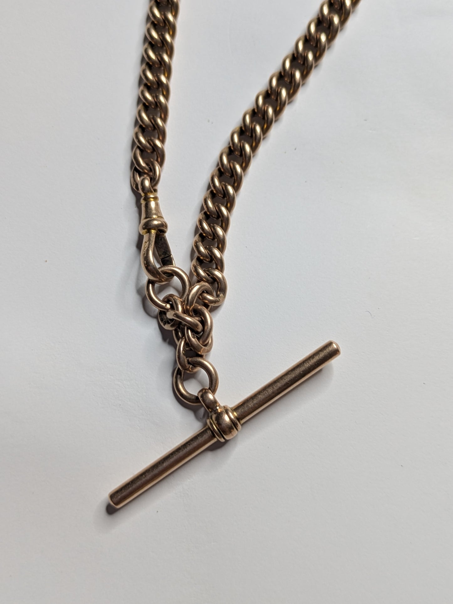 9k English Wide Graduated Curb Watch Chain with Dog Clip and T Bar