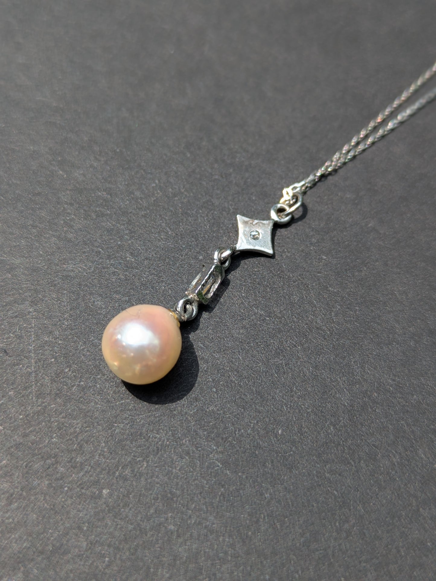 14K 1920's white gold diamond and pearl necklace