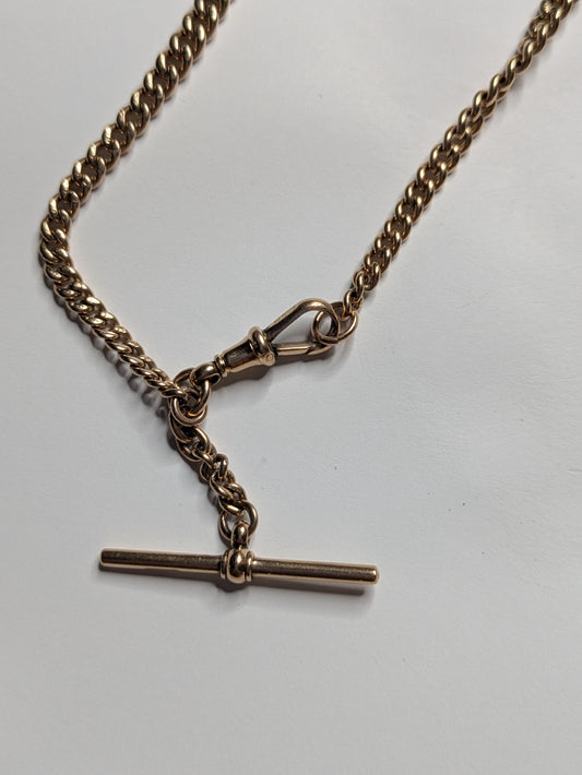 9k Graduated Curb English Watch Chain with T Bar and Dog Clip