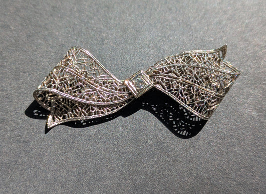 White Gold Filgree Bow Brooch with OEC Diamond