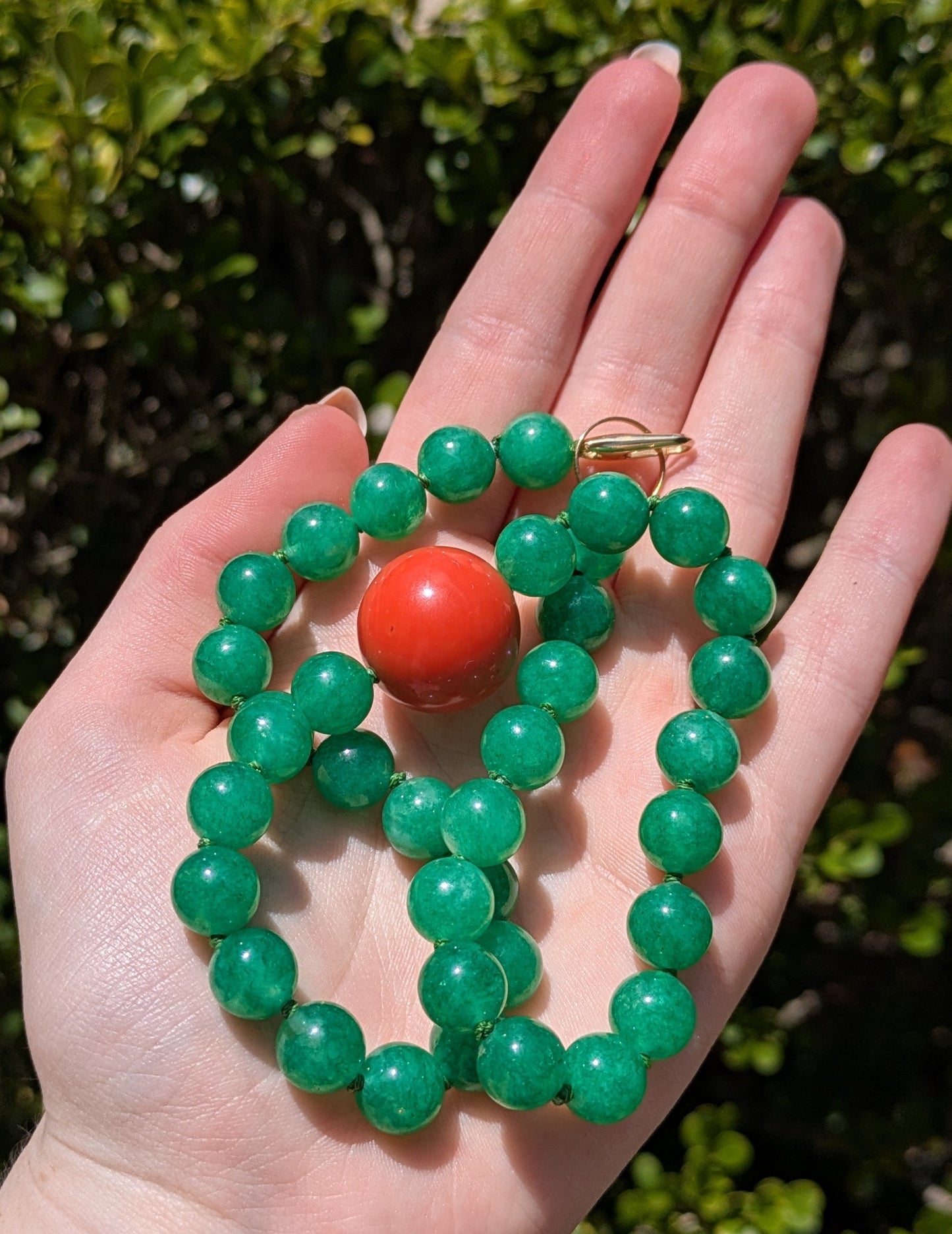 Apple Jade with Large Coral Center with 14kt Clasp & Baby Ring Closure