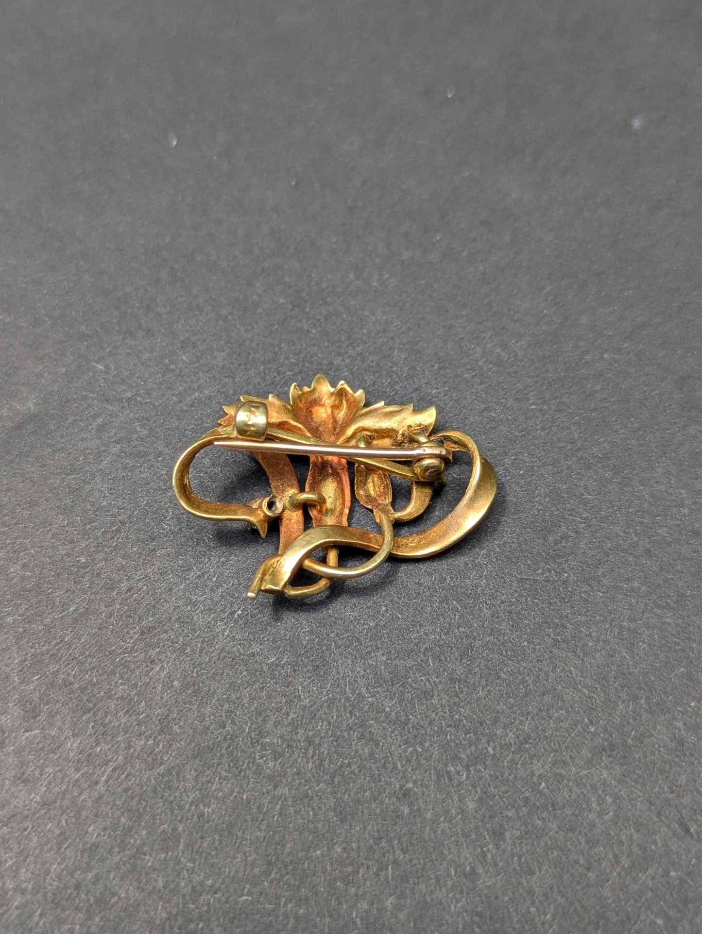 14kt Art Nouveau Enamel Flower Brooch with Diamond