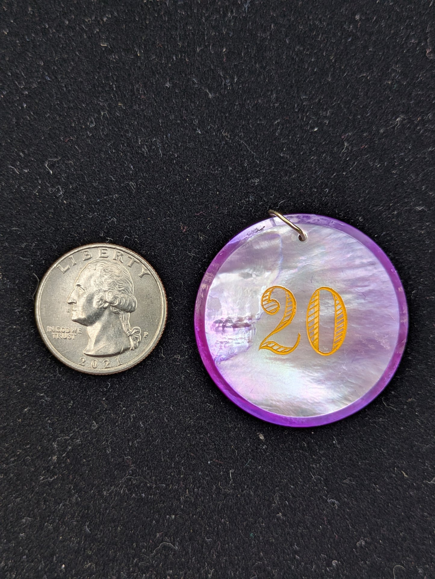 Round Purple Mother of Pearl Poker Chip with Yellow Engraving "20"