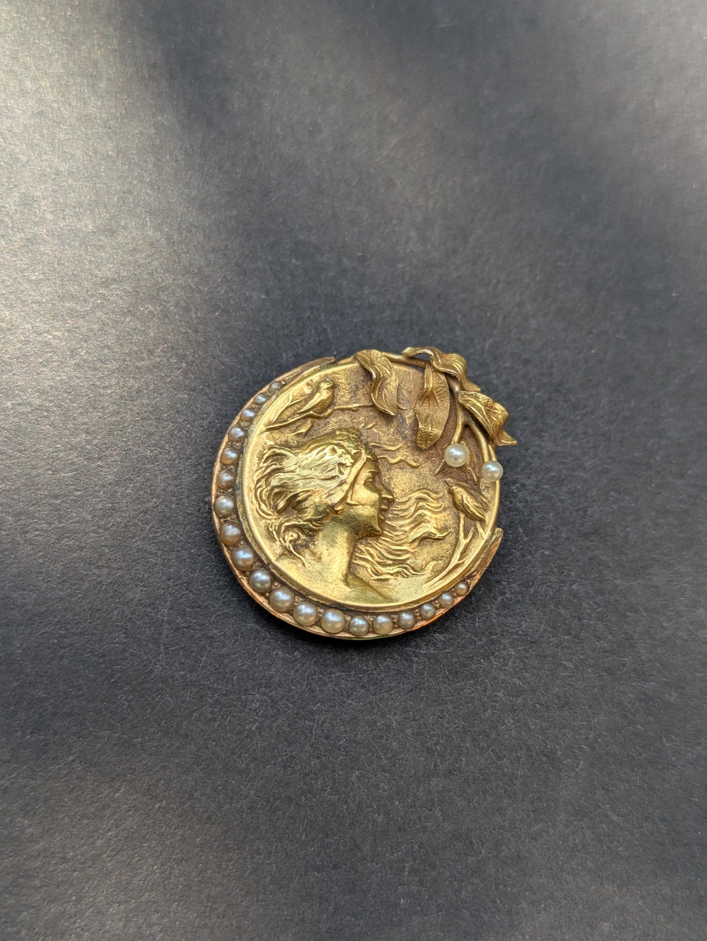 Art Nouveau Brooch Women in the Moon Cresent Pearl