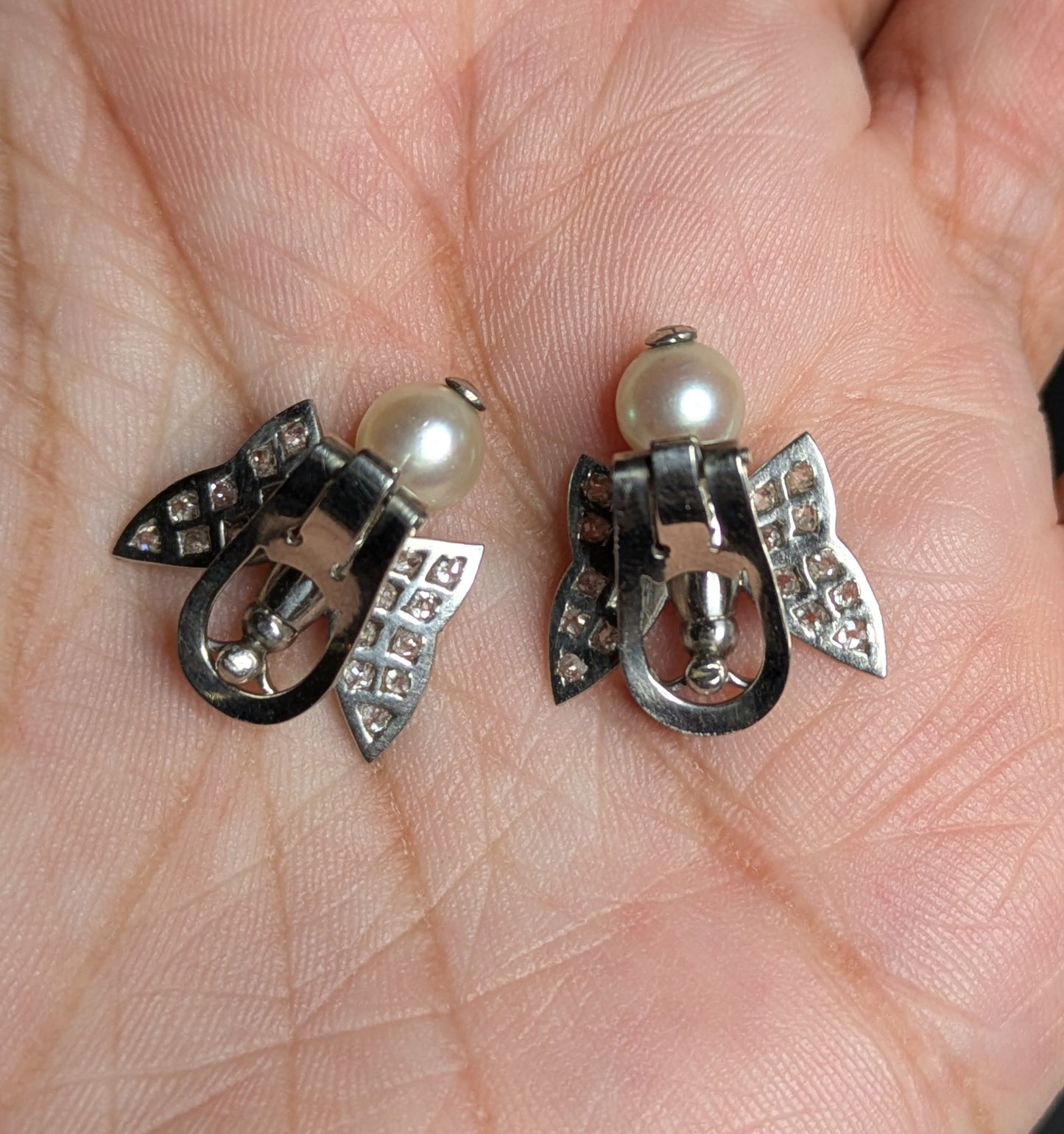 Platinum Diamond and Pearl 1940's Butterfly Earrings