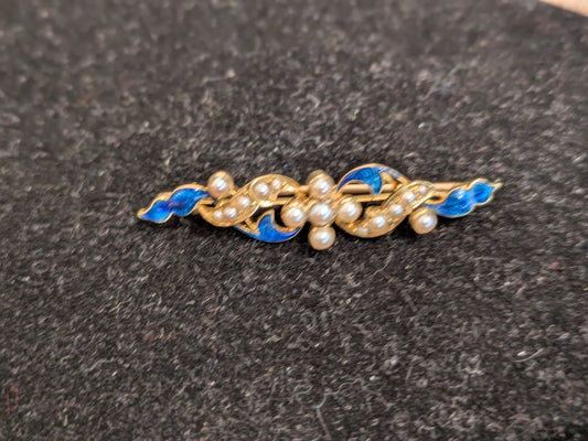 18kt Blue Enamel and Pearl Brooch