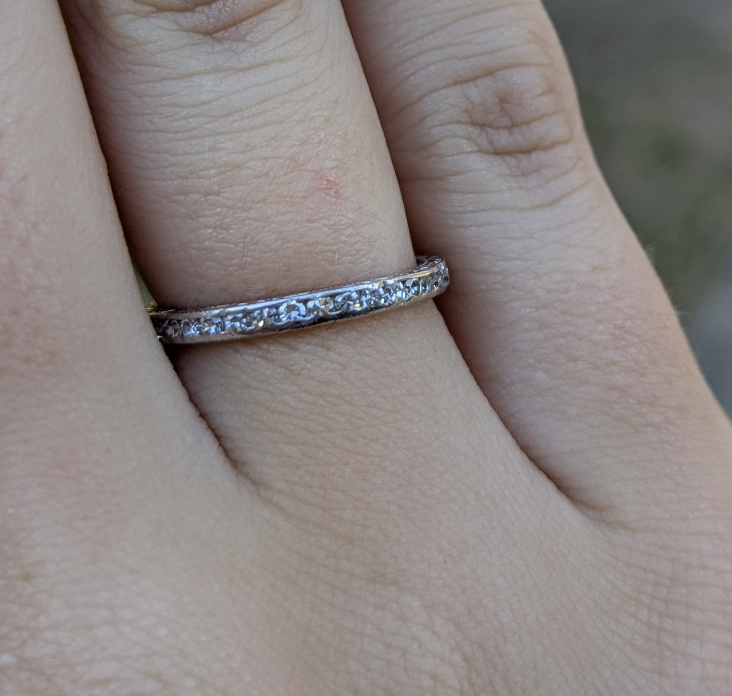 Platinum Mine Cut Diamond Eternity Band with Milgrain and Engraving