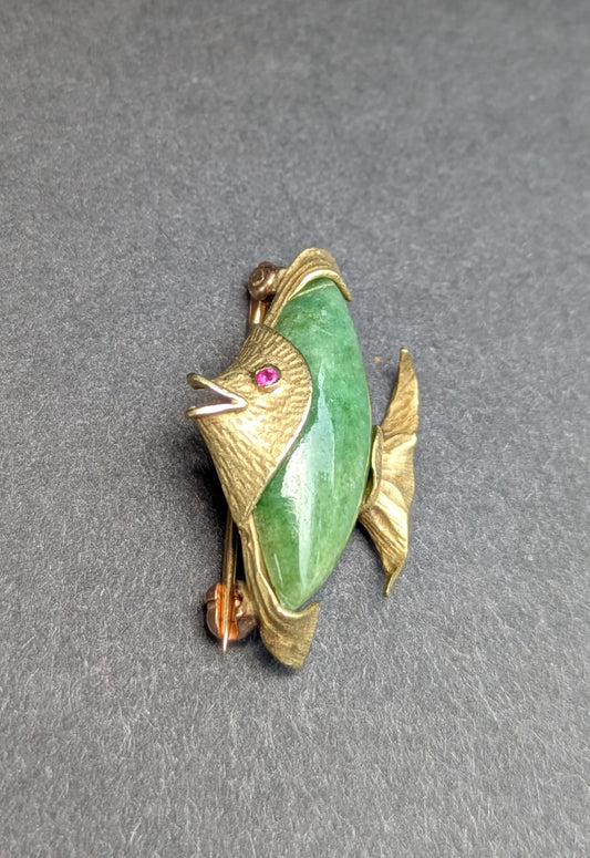 Charming Jade and Ruby 14kt Fish Brooch