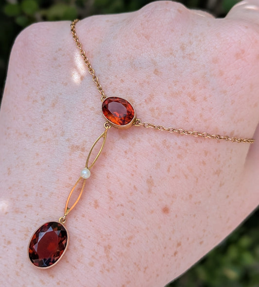 9k Art Deco Citrine and Pearl Necklace