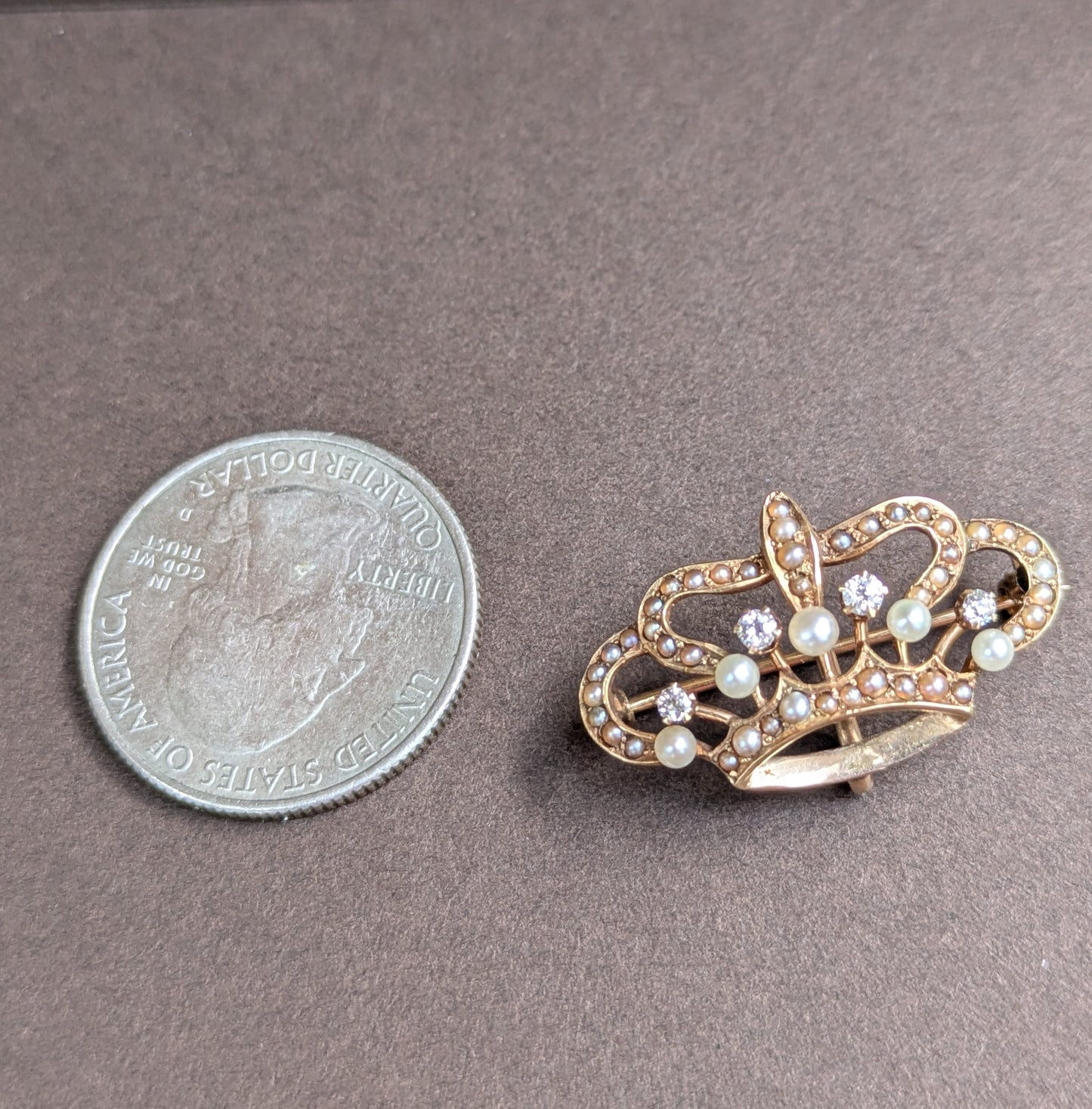 12kt Seed Pearl & Mine Cut Diamond Crown Brooch with Watch Hook