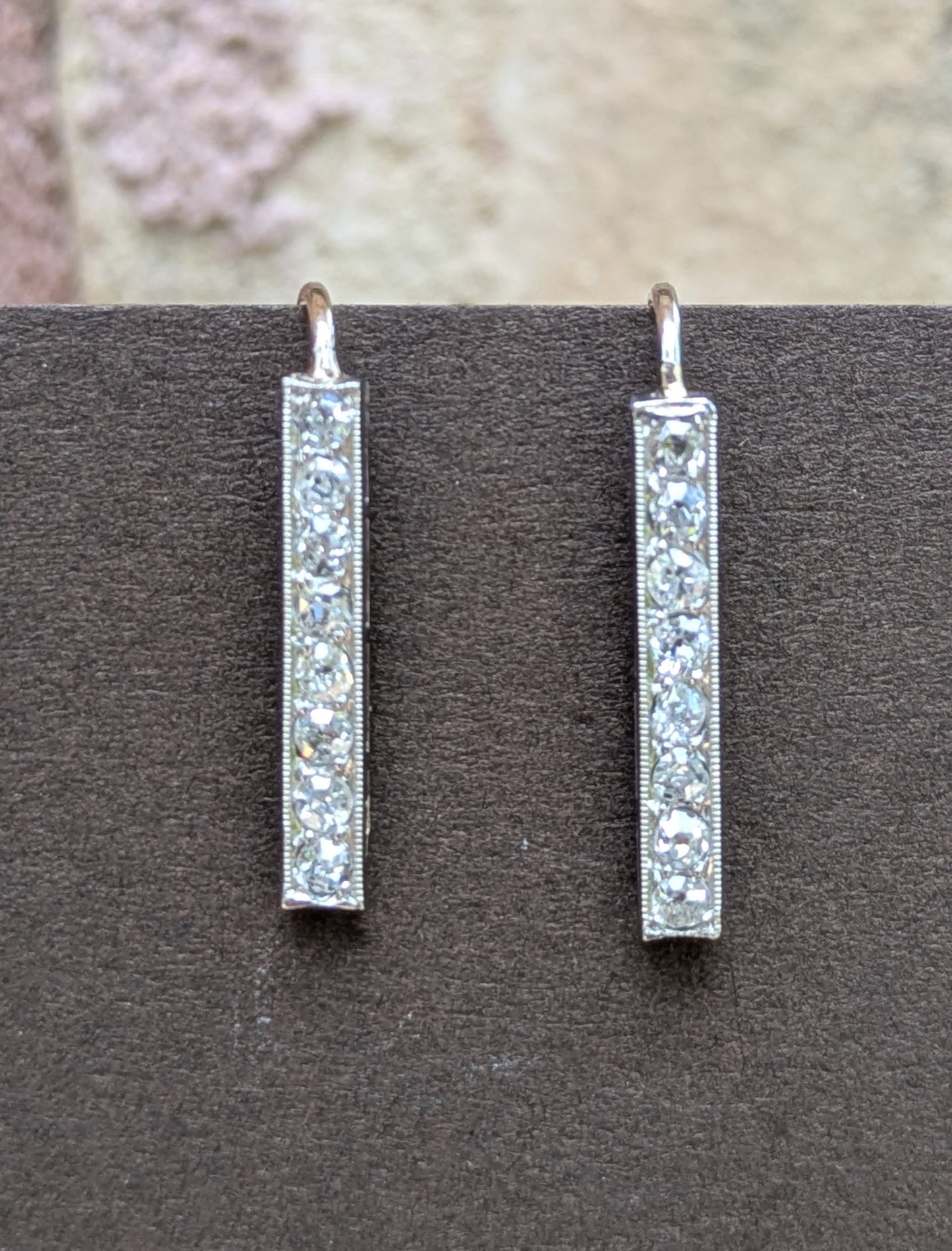 Mine Cut Diamond Earrings 14kt White Gold Converted from Bar Pin