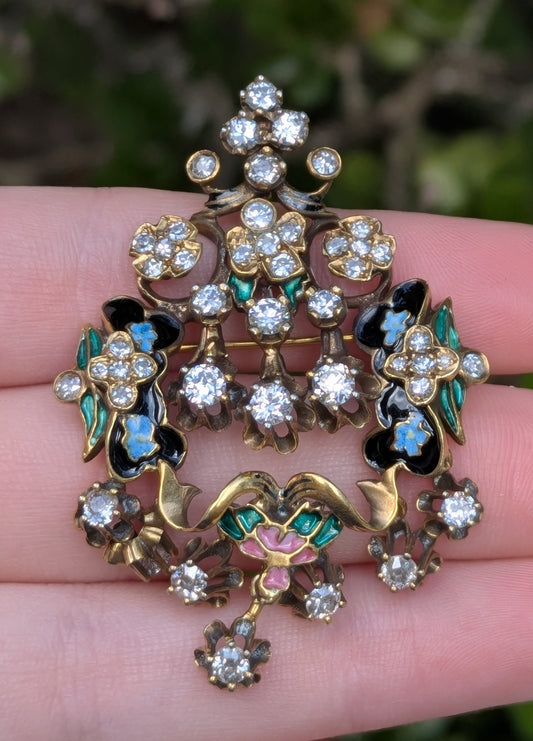 Large 14kt Brooch/Pendant with Mine Cut Diamonds & Pastel Enamel