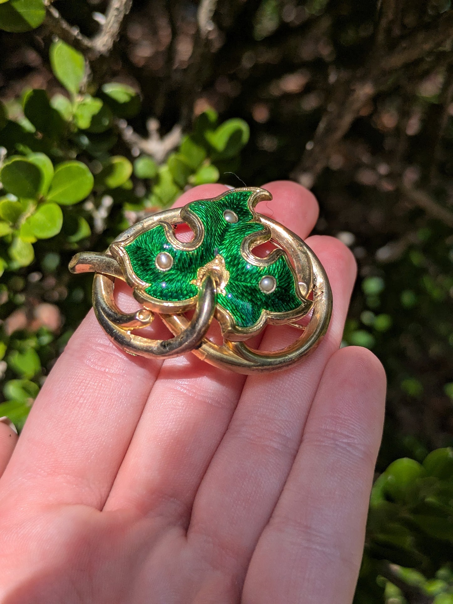 Early 1900's 14kt Green Enamel Love Knot with Leaf Motif - Seed Pearl Set