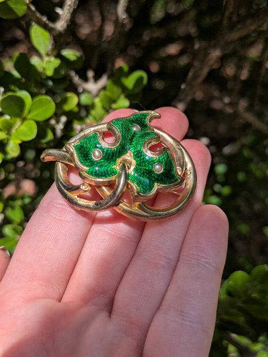 Early 1900's 14kt Green Enamel Love Knot with Leaf Motif - Seed Pearl Set