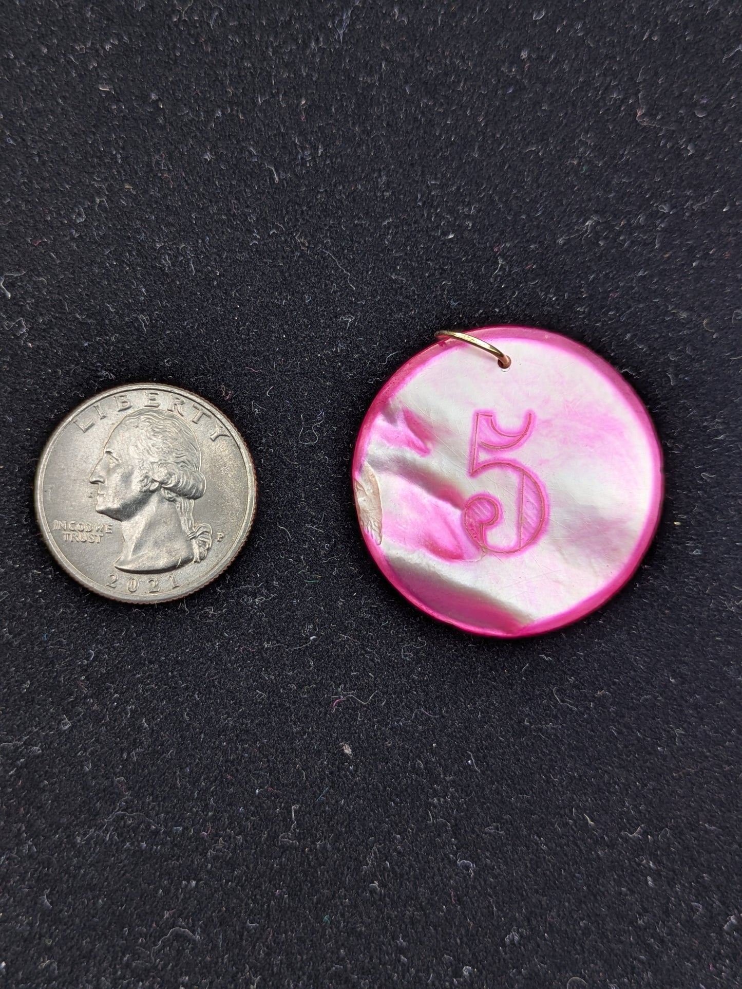Round Hot Pink Mother of Pearl Poker Chip with Pink Engraving "5"