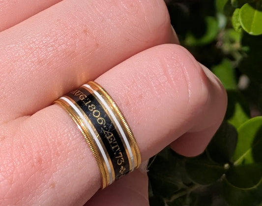 18k Mr. James Robson Georgian Mourning Band with White and Black Enamel 1806