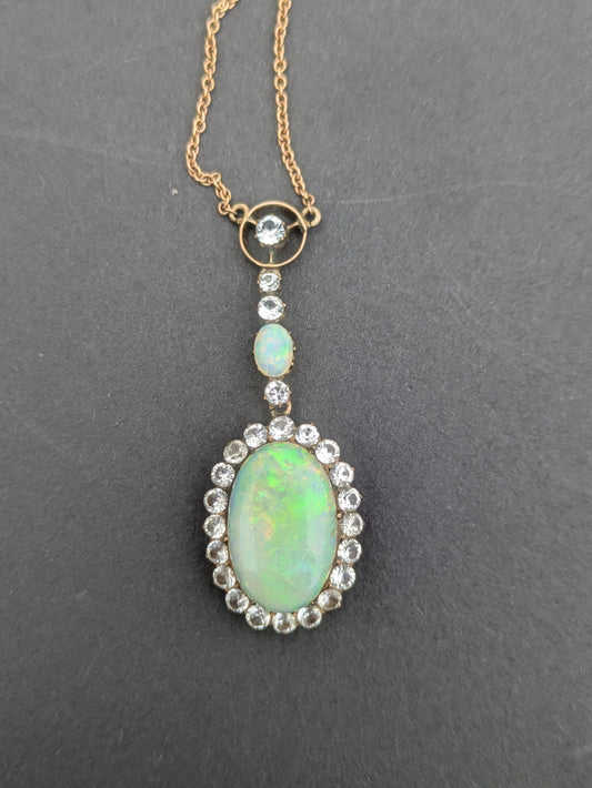 Edwardian 9k Rose Gold Opal and Diamond Paste Necklace