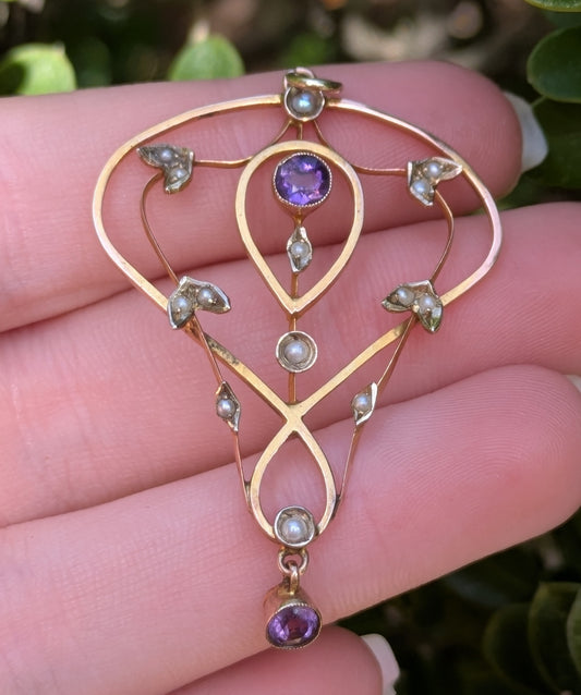 Large 9k Edwardian Pearl and Amethyst Pendant