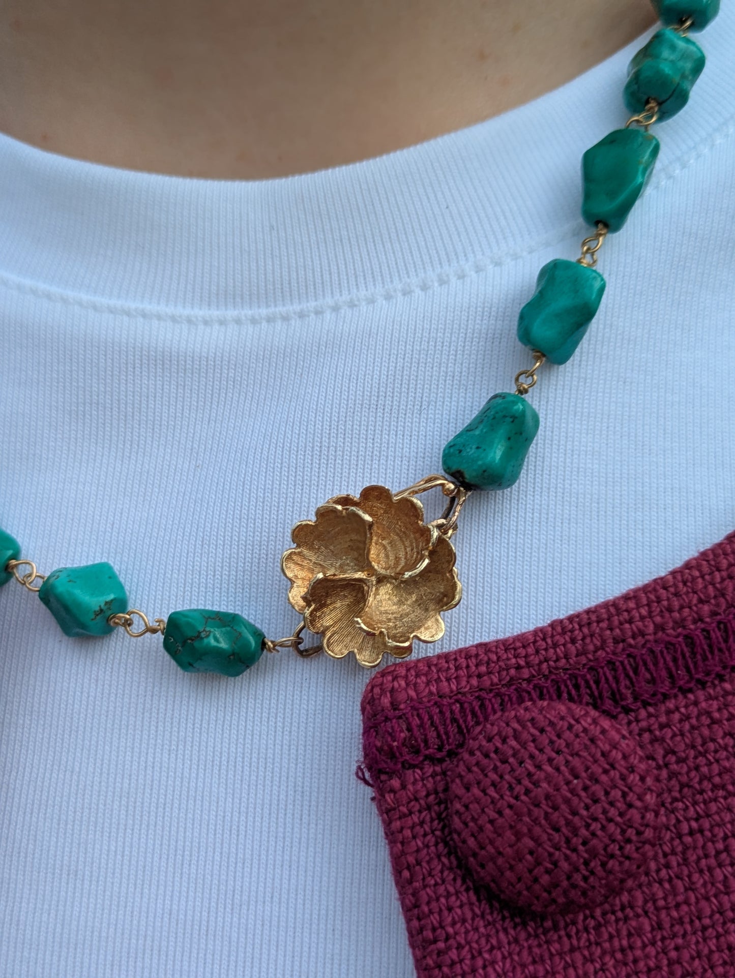 Turquoise Necklace with 14k Large Flower Clasp