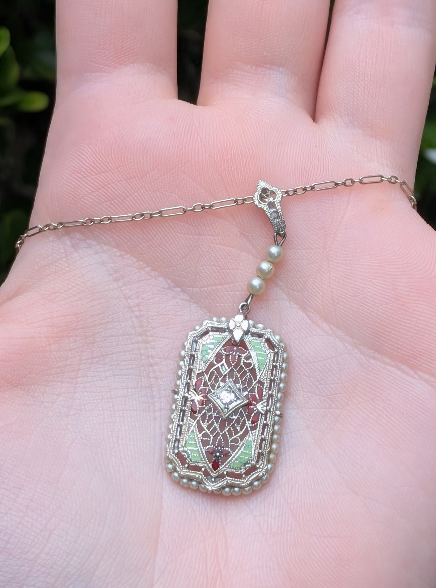 14k White Gold Filigree Necklace with Enamel, Pearl, and Diamond