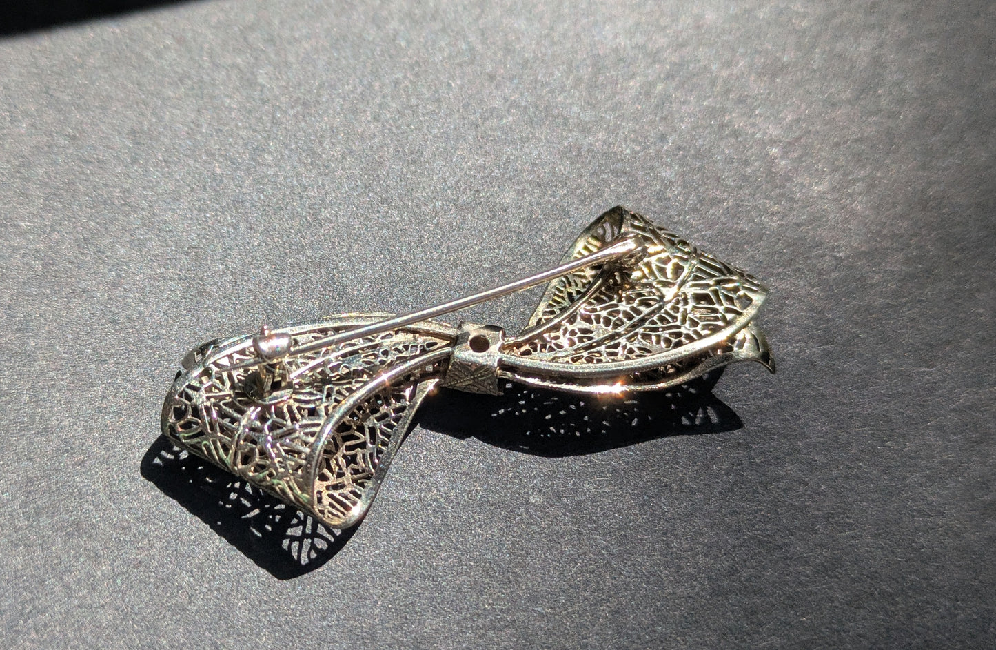 White Gold Filgree Bow Brooch with OEC Diamond